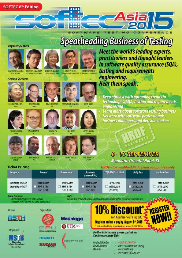 MSTB2015_MY's tweet photo. Listen to them speak at SOFTEC Asia 2015 @LaikaTestDog @RBCS @Experimentus @ErikvVeenendaal http://t.co/dTHz3QqP1Y