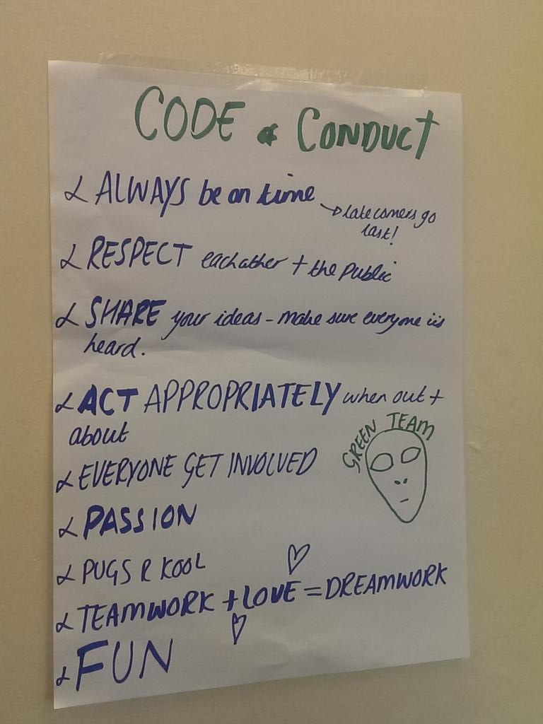 E4L_Jade's tweet photo. Green Team's code of conduct! Teamwork+Love=DREAMWORK👭👬 #NCS @Engage4LifeUK @JennyE4L #IamConnected http://t.co/4WUKKU0Zck