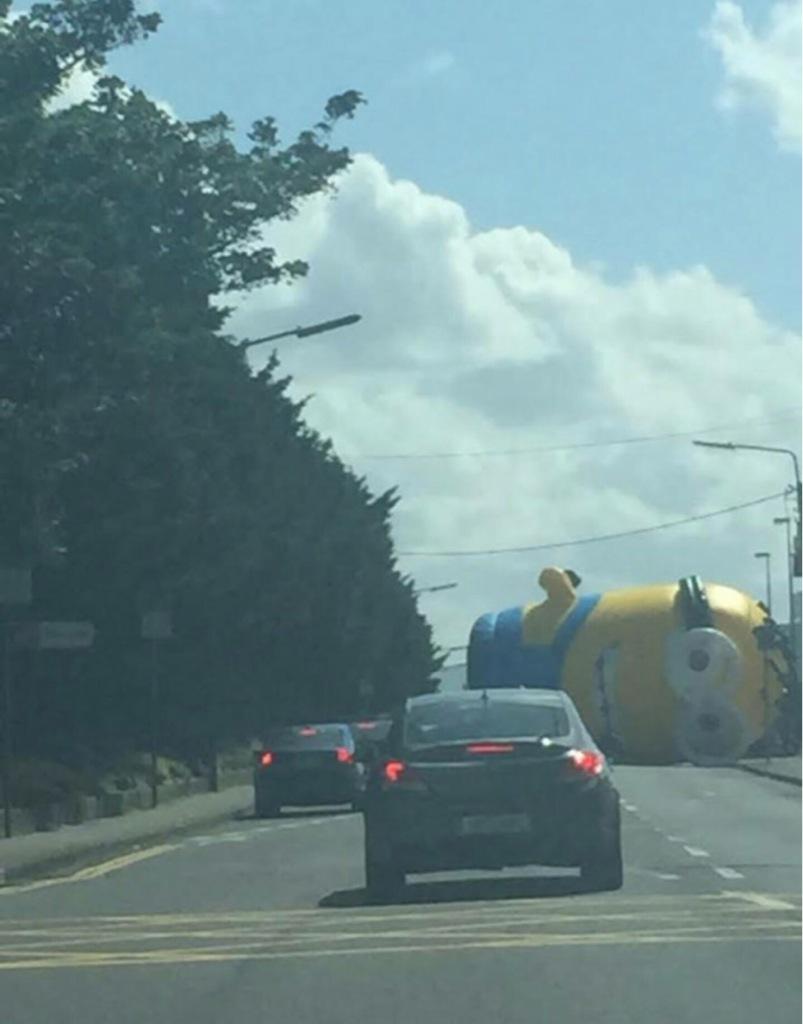 So traffic in Dublin came to a halt today... Due to an overturned giant #Minion ! We kid you not 😂 
#OnlyInIreland 👏
