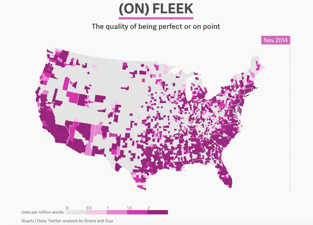 FiveThirtyEight's tweet image. One of our favorite pieces from last week came from @qz, on the evolution of &quot;on fleek:&quot; 53eig.ht/1Dl7p3S
