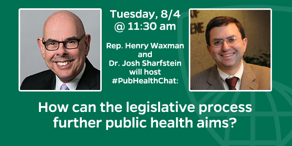 JohnsHopkinsSPH's tweet photo. Learn more about tomorrow's #PubHealthChat with @drJoshS and Rep. Henry Waxman: http://t.co/FVQoPkLDWW http://t.co/JkAnpyMAbC