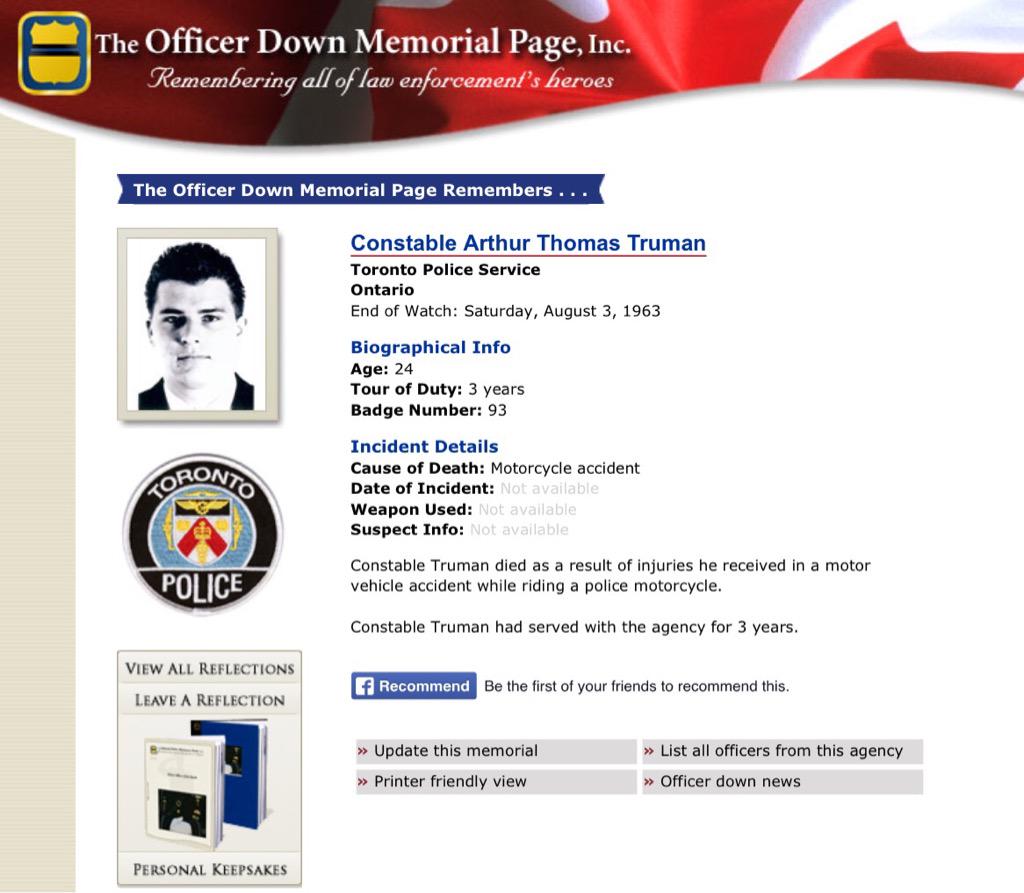 Run To Remember (@460km) on Twitter photo In memory of Constable Arthur Thomas Truman, <a href="/TorontoPolice/">Toronto Police</a>
EOW: Aug. 3, 1963
#HeroesInLife
#HerosEnVie In memory of Constable Arthur Thomas Truman, <a href="/TorontoPolice/">Toronto Police</a>
EOW: Aug. 3, 1963
#HeroesInLife
#HerosEnVie