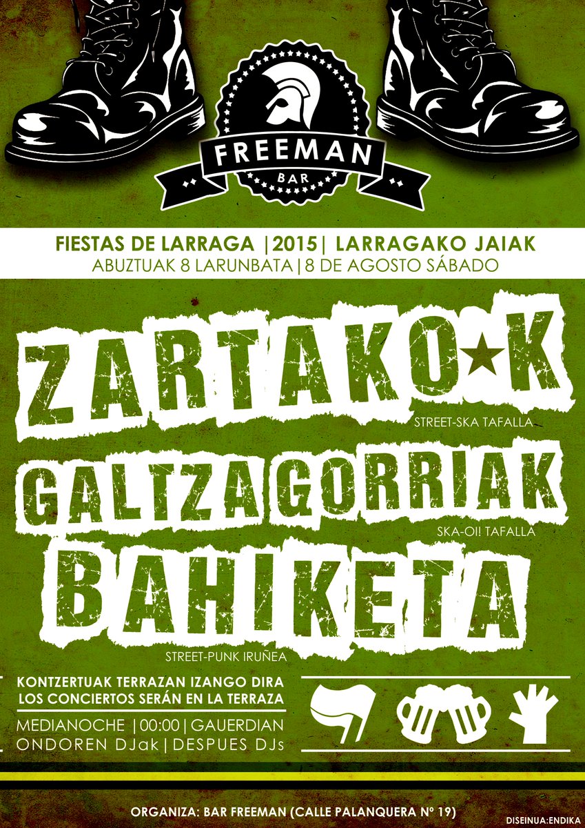 Este sábado quemamos Larraga!
ZK + <a href="/Bahiketa/">Bahiketa Streetpunk</a> + <a href="/Galtza_gorriak/">GALTZA★GORRIAK</a> en el BAR FREEMAN
