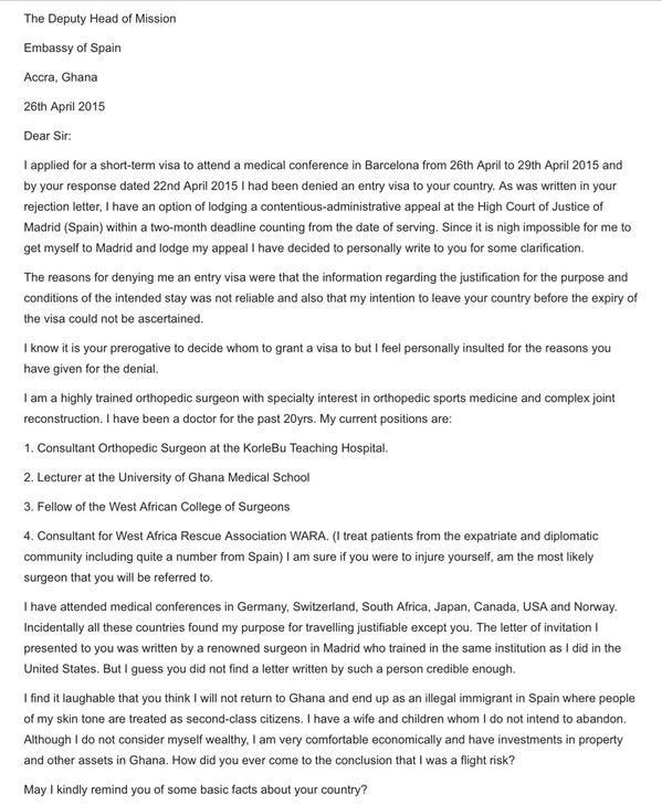 samirasawlani's tweet photo. A surgeon from Ghana applied for a Spanish visa-when declined he wrote to the embassy &amp; SLAYED )via @sunnysunwords ) http://t.co/LwixN0hzXE