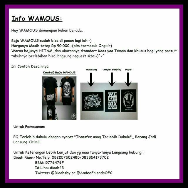 Baju wamous open PO lagi nih. Yang mau order silahkan cek pict atau order ke <a href="/AndeeFriendsOFC/">AndeeFriendsID Sby</a> yaa . yukyuk 😊