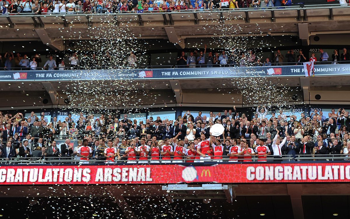 Arsenal's tweet photo. GALLERY: Check out our exclusive pictures as @Arsenal celebrate winning the Community Shield: http://t.co/5UkaYHWlRf http://t.co/DQmHTWMhIb