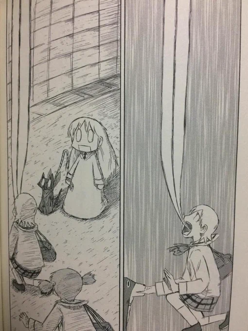 アニメ独自の解釈といえば、ゆっこ・みおが犬に噛まれる回(日常の84)の演出が当時から不満でした。
犬に噛まれた二人が口から出しているのは叫び声の「吹き出し」なのに、アニメでは口からレーザーが射出されているように表現されているのです。 
