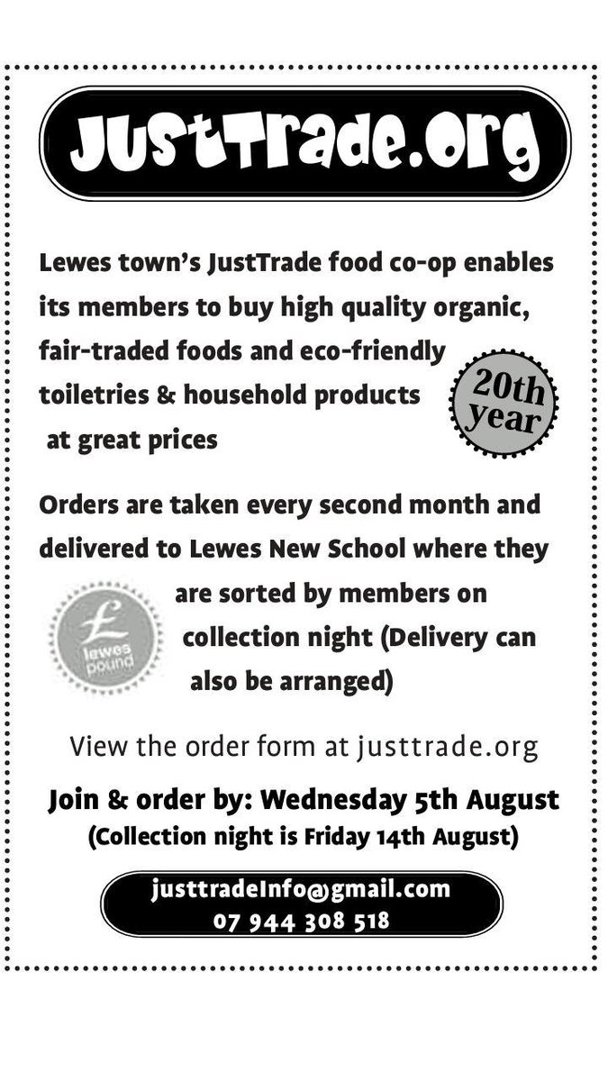 Orders for this month's Lewes town food co-op need to be in this week. Join at JustTrade.org