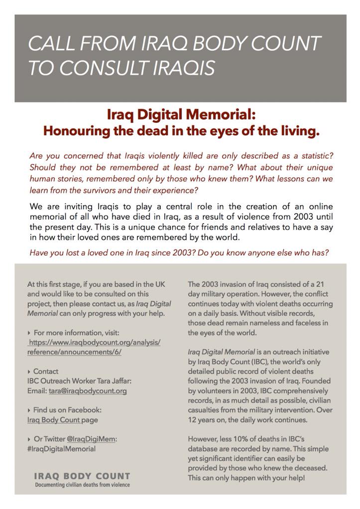 IraqDigiMem's tweet photo. Consulting Iraqis, starting w/ UK Iraqi diaspora, on #IraqDigitalMemorial @iraqbodycount: https://t.co/p0moBx81IG http://t.co/6wXo3X4qVr