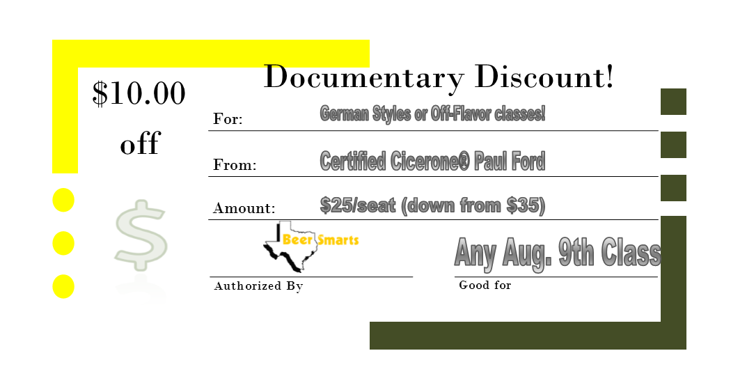 "Documentary Discount" for next Sunday's German Styles or Off-Flavor Classes!  Click to buy: eventbrite.com/o/paul-ford-77…