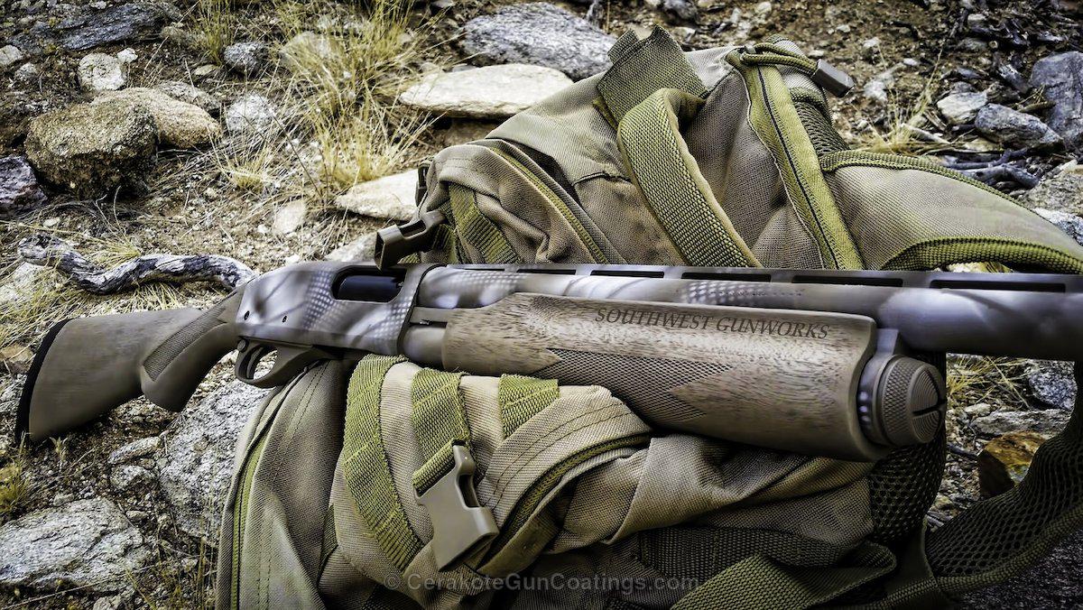 CerakoteFinish's tweet photo. Southwest Gunworks LLC shared this shot of FDE, Hidden White &amp; Patriot Brown - #cerakote #shotgun #guncoating #camo http://t.co/SdktBqC1BX
