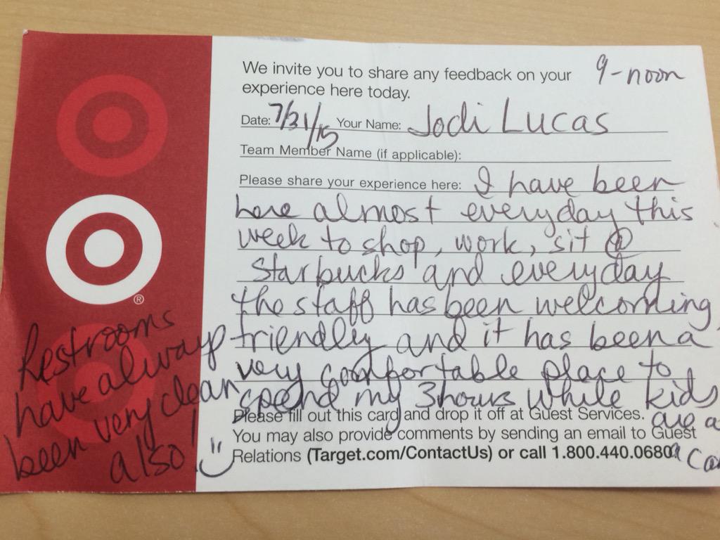 BeckyHasik's tweet photo. #T2520 Love getting great guest feedback! #G397YearonFire @DForbes360 @JenniferTGT @meaganc4target @ENolin http://t.co/qePMKFySms