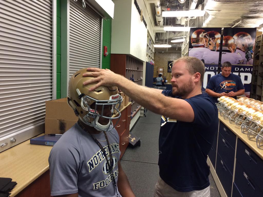 NDFootball's tweet photo. Our guys are back on campus getting fitted for helmets and preparing for training camp on Thursday. http://t.co/L7S7GoAYfF