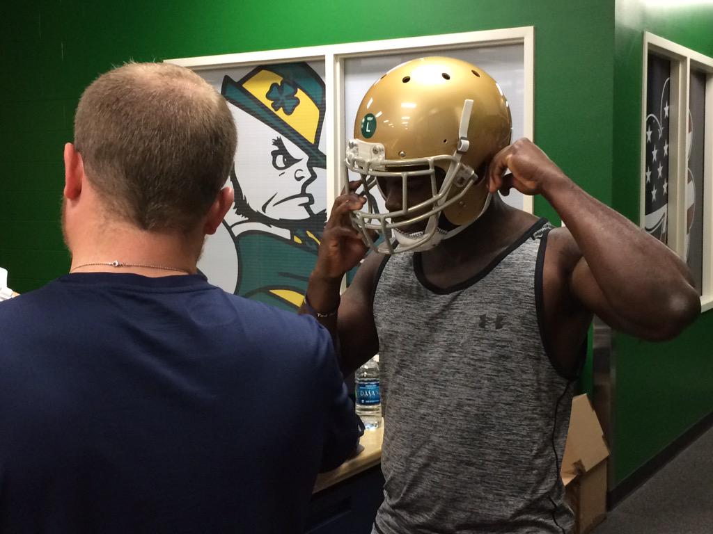 NDFootball's tweet photo. Our guys are back on campus getting fitted for helmets and preparing for training camp on Thursday. http://t.co/L7S7GoAYfF