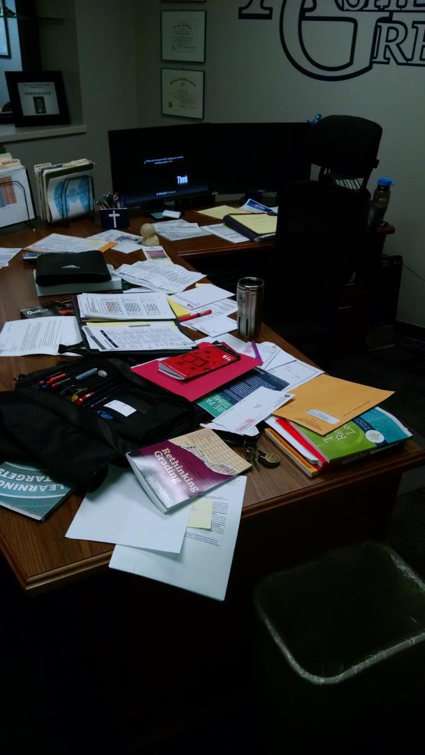 BCJacobsen's tweet photo. When vacation ends and school begins. #AGcan #messyisproductive #adminprobz http://t.co/ZcQFpteX43