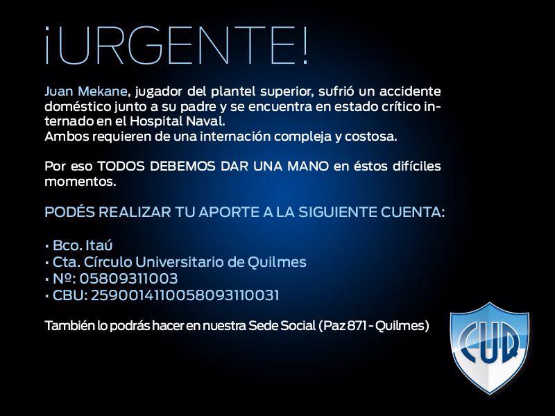 cuquilmes's tweet photo. Llamado a la solidaridad a toda la familia del CUQ! #TodosXJuanMekane http://t.co/xP1RO7pL7g