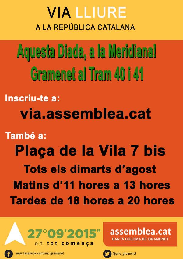 ANC_GRAMENET's tweet photo. Demà dimarts inscripcions per la #ViaLliure11S al nostre local de la Pl. Vila. Horari de matí i tarda. #Meridianament http://t.co/RqP80fLXRq