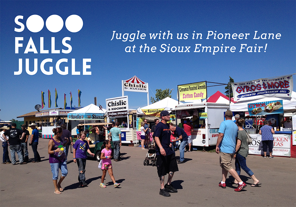 SoooFallsJuggle's tweet photo. Come #juggle with us this week at the @SiouxEmpireFair! Find us on Pioneer Lane. 

#sefair2015 #ComeThrowStuff http://t.co/WytHvvaOLW