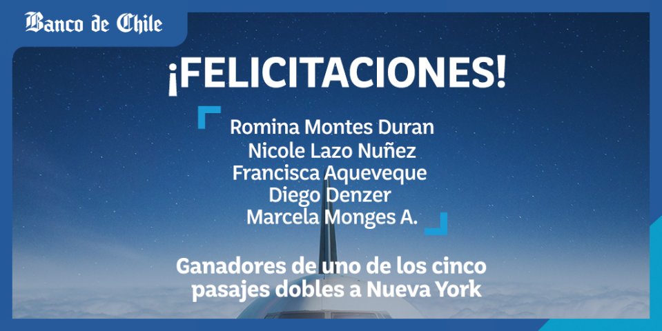 bancodechile's tweet photo. Aquí los ganadores de uno de los pasajes dobles a NY gracias a la alianza con Delta Air Lines 🎉🗽 ¡FELICITACIONES! http://t.co/37wiPOPaa2