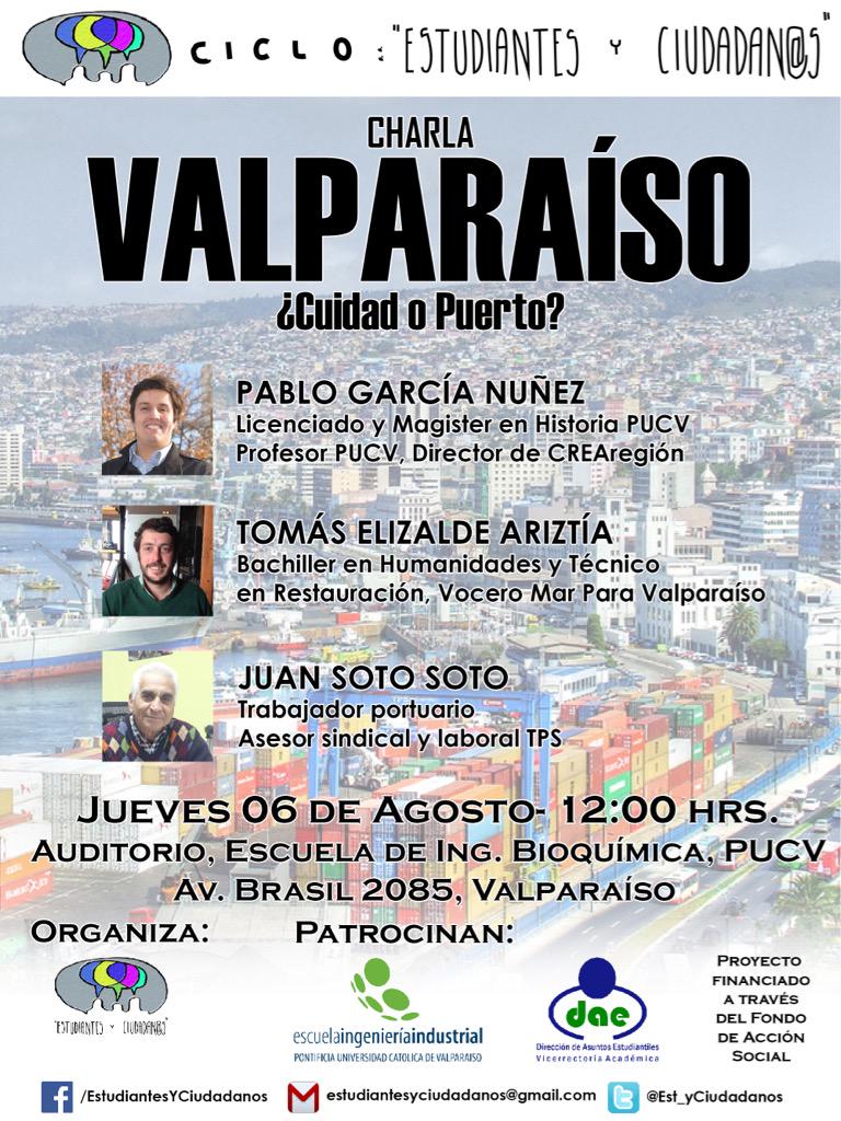 MarpaValparaiso's tweet image. Charla VALPARAÍSO Ciudad o Puerto? Ciclo @Est_yCiudadanos Jue 6 Ago 12hrs. con @tomaselizaldea de #MarparaValparaiso
