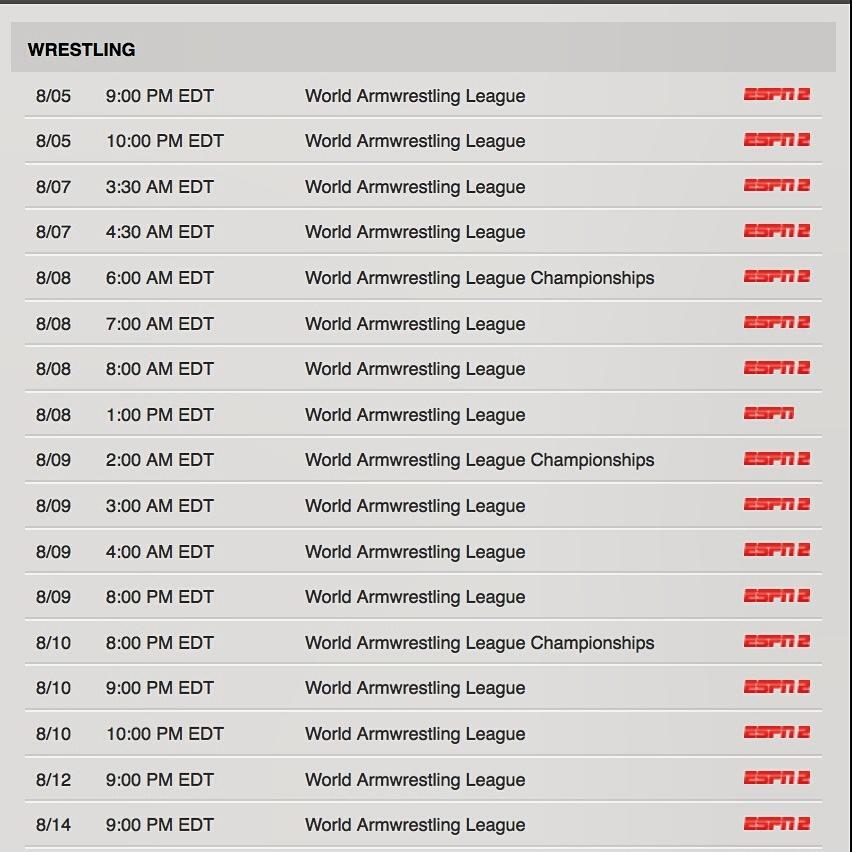 pullingpopeye's tweet photo. The line-up of arm wrestling matches on ESPN over the next month. Awesome!! http://t.co/q5haocr1MV