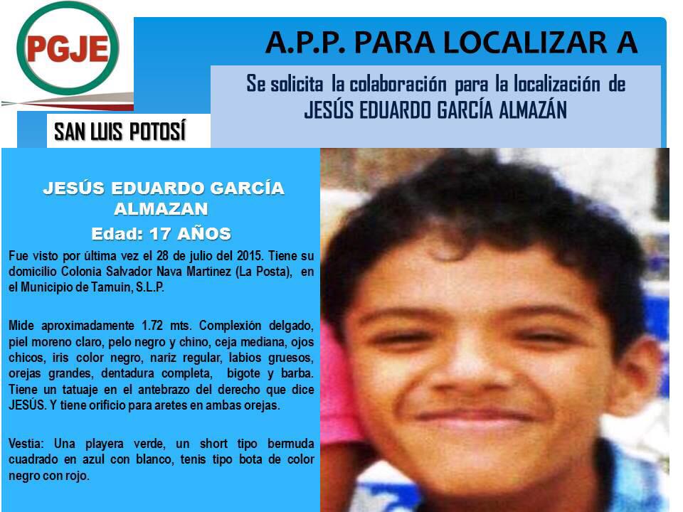 @PGJE_SLP: Se solicita la colaboración para la localización de JESÚS EDUARDO GARCÍA ALMAZÁN