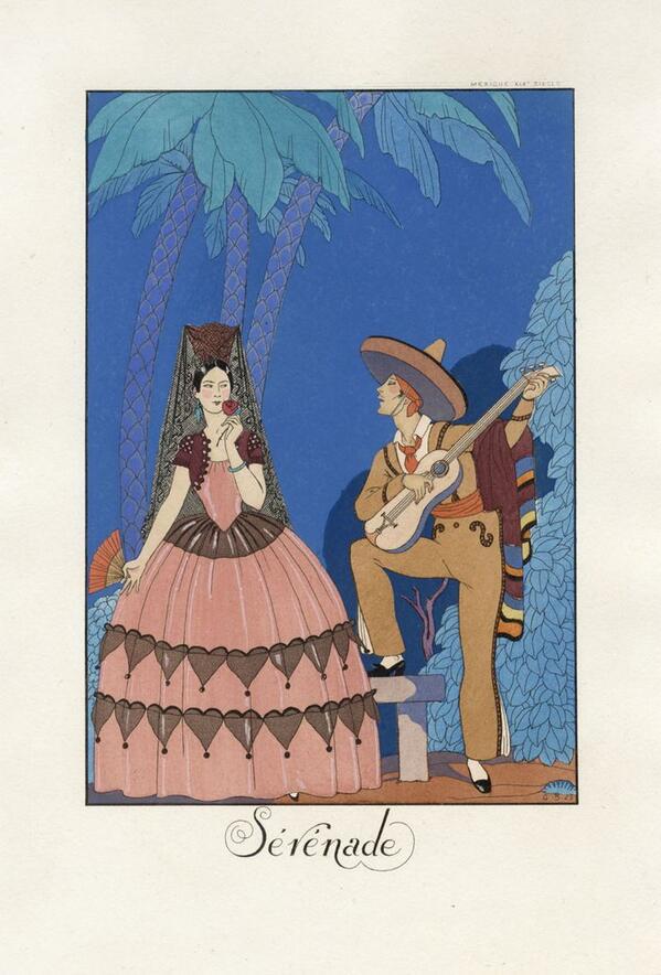 民族衣装 世紀初頭アール デコを代表するイラストレーター ジョルジュ バルビエ セレナーデ 男性 はソンブレロを被っており メキシコをイメージした作品とわかる メキシコはスペインの植民地だったため女性にはマンティラが着用されていた Http