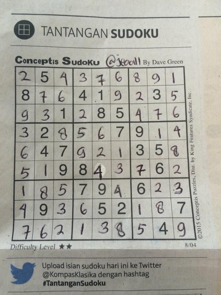 jeaall's tweet photo. @KompasKlasika #TantanganSudoku Selasa, 4 Agustus 2015 #Klasika2 http://t.co/49DQmecNW8