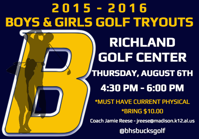 Buckhorn_High's tweet photo. BMS &amp; BHS Golf Try-outs are this Thursday! Email Coach Jamie Reese at jreese@madison.k12.al.us with any questions! http://t.co/zgjztCsIh4