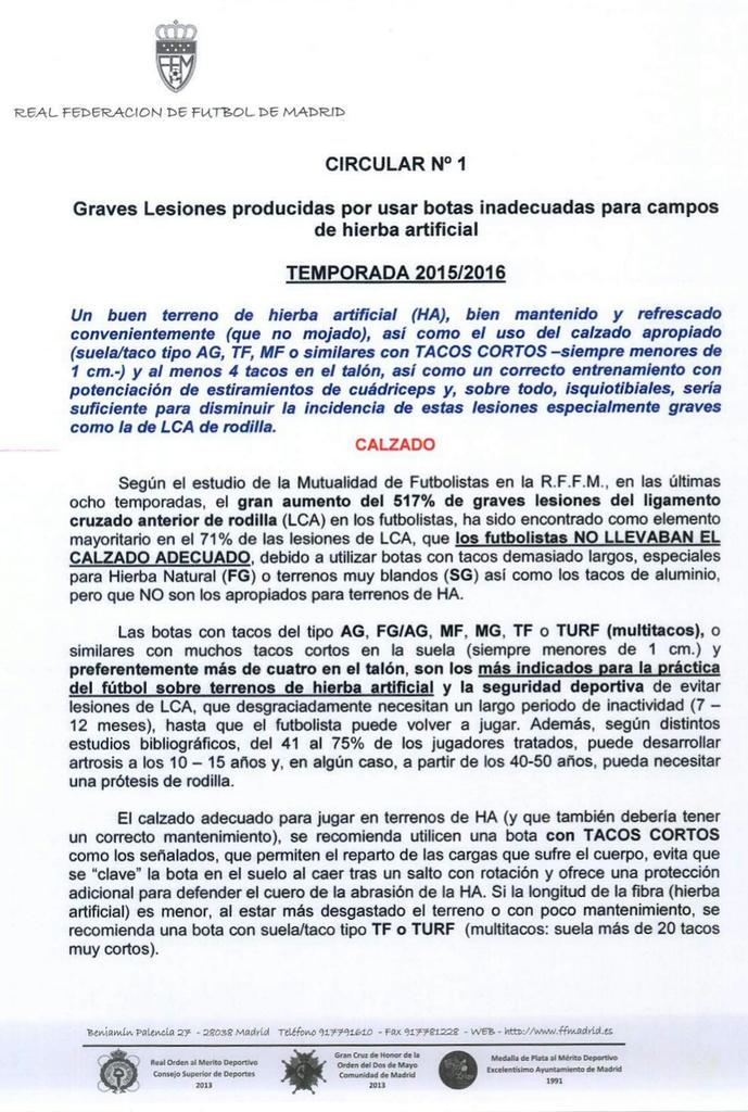 VictacorPerez's tweet photo. Circular de la @FFMadrid_ acerca de la incidencia de la mala elección de botas en aumento de lesiones LCA @FutMadrid http://t.co/MYDo74ZbI1