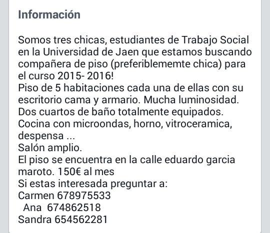CarmenGarcia020's tweet photo. Se busca compañera de piso @compisojaen Mas info por MD o Whatssap http://t.co/SH1G29D6VG