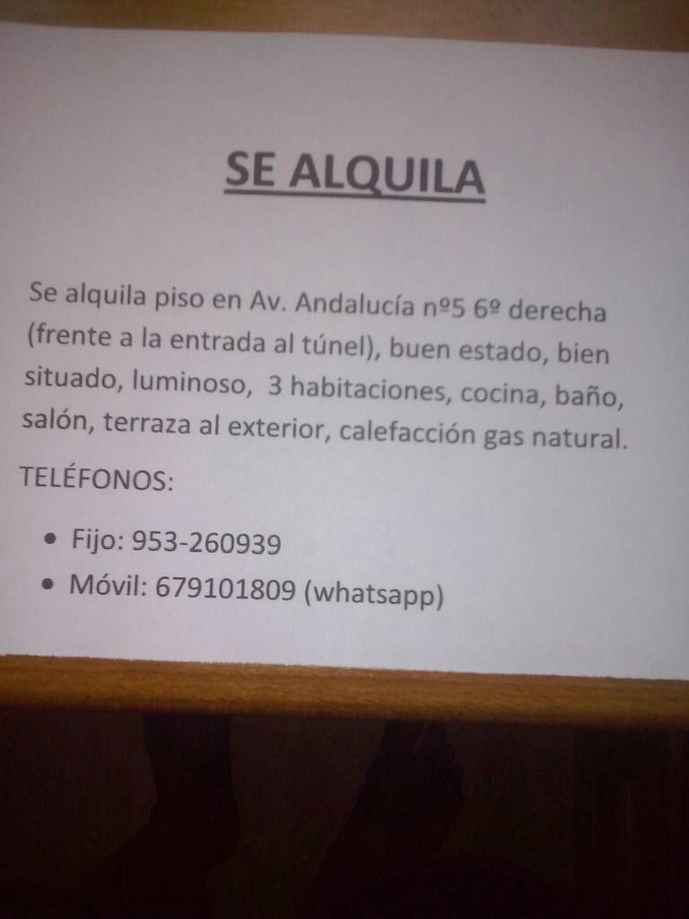 rafalose's tweet photo. Se alquila piso en Av. Andalucía 5 (entrada al túnel) @BuscoPisoJaen @tablondanuncios http://t.co/XbHftuFpWv