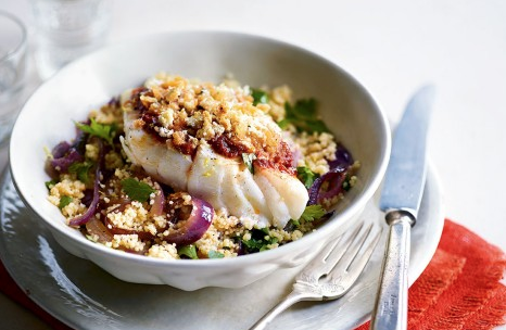 Try <a href="/deliciousmag/">delicious. magazine</a>'s #recipe- Breaded harissa #cod with lemon and red onion #couscous: buff.ly/1ONexXr #fish