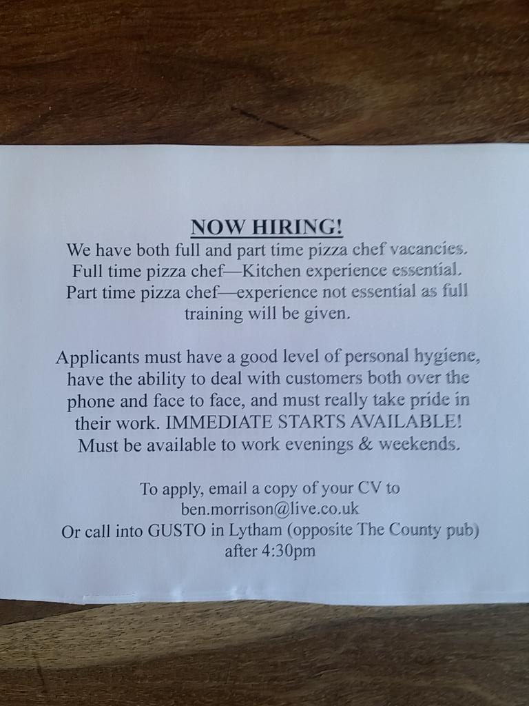 JOB VACANCIES - FULL AND PART TIME. IMMEDIATE START! #Job #Lytham #StAnnes #Blackpool #Chef