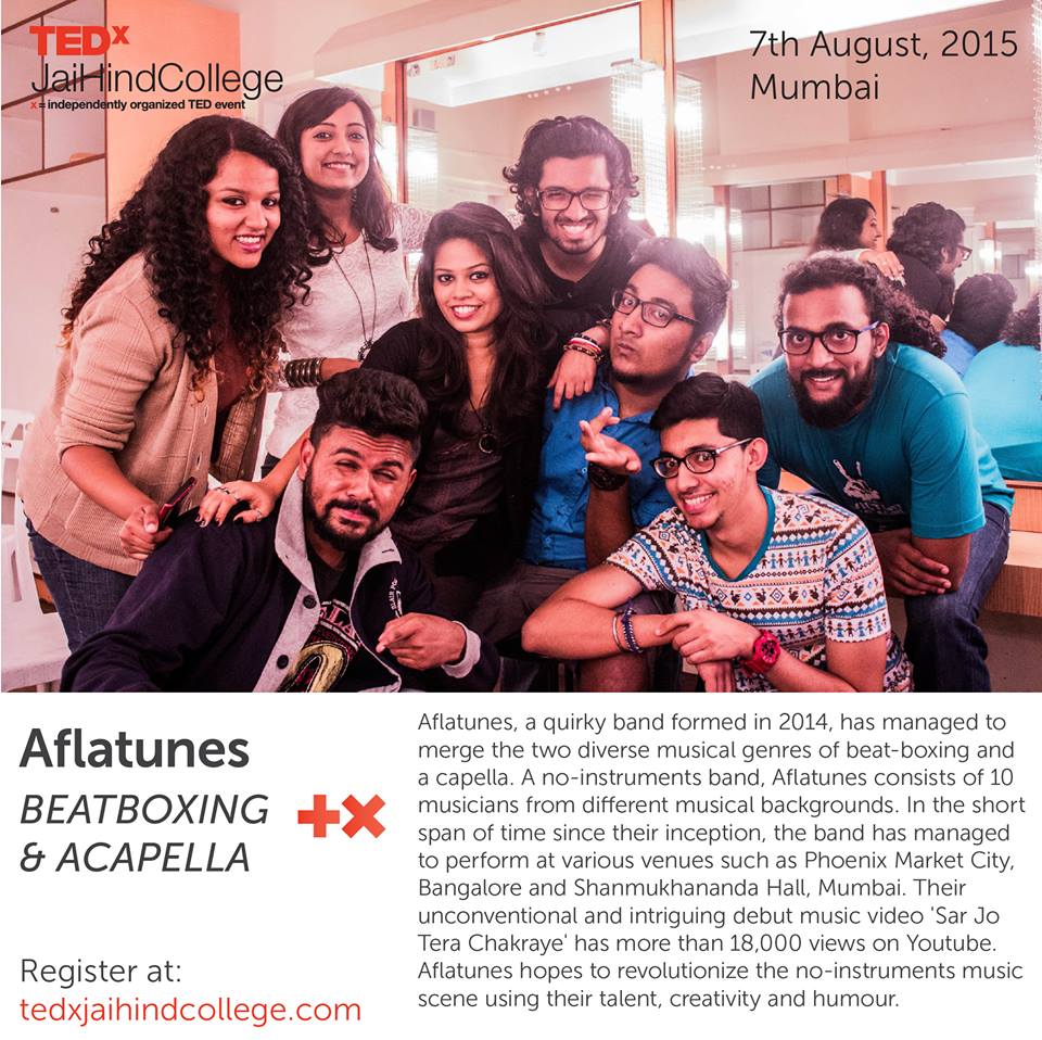TEDxJHC's tweet photo. Moving On. Performance #2: Aflatunes
#aflatunes #beatboxing #acapella #TEDxJHC #TEDx #TED #TEDxGateway #Mumbai http://t.co/hvAnExwc9w