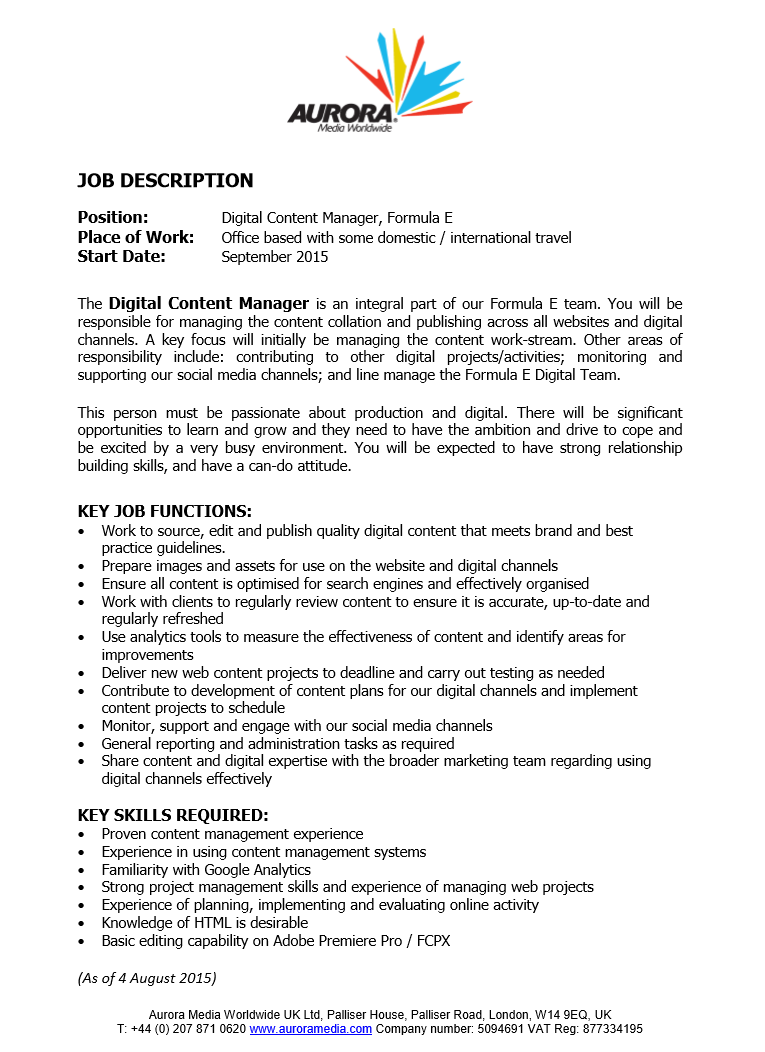 We're looking for a Digital Content Manager to join our Formula E team. Send CV's to Caroline.deLuc@AuroraMedia.com.