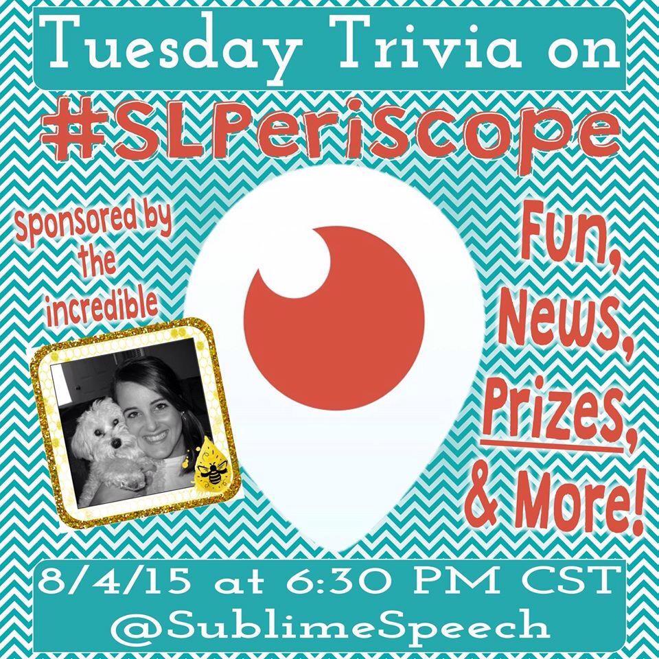 Danielle - Sublime Speech (@sublimespeech) on Twitter photo #SLPeriscope Tues Trivia tonight @ 6:30 CT sponsored by the incredible <a href="/busybeespeech/">Lauren LaCour</a>! #SLPeeps #SLP2b #SchoolSLP #SLPeriscope Tues Trivia tonight @ 6:30 CT sponsored by the incredible <a href="/busybeespeech/">Lauren LaCour</a>! #SLPeeps #SLP2b #SchoolSLP