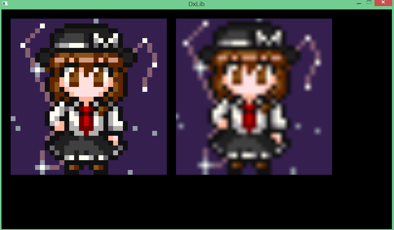 Wgg 32 32のドット絵を512 512に変換しようとしてみた 1枚目左が元画像 右が変換後 2枚目がpictbearの補完拡大で同解像度にしたもの ぼやけて解像度あげてる意味がない 変換方法考えないといけない