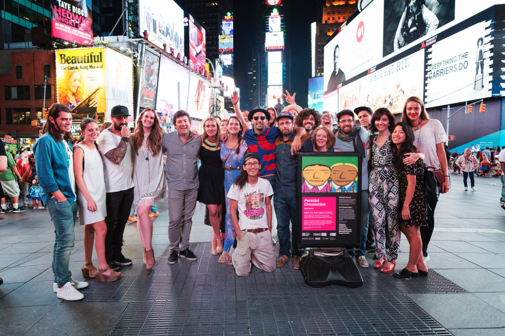 TSqArts's tweet photo. Thank you @OsGemeos+@LehmannMaupin for joining us to see 'Parallel Connection' in #TimesSquare! #osgemeosTSq @TSACNYC http://t.co/XLHJ74sEyU
