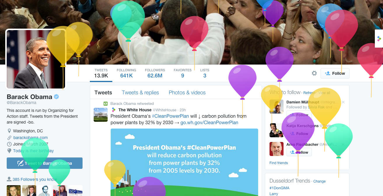 Nice - happy birthday Barack Obama! Since midnight, profile had animated birthday balloons! 