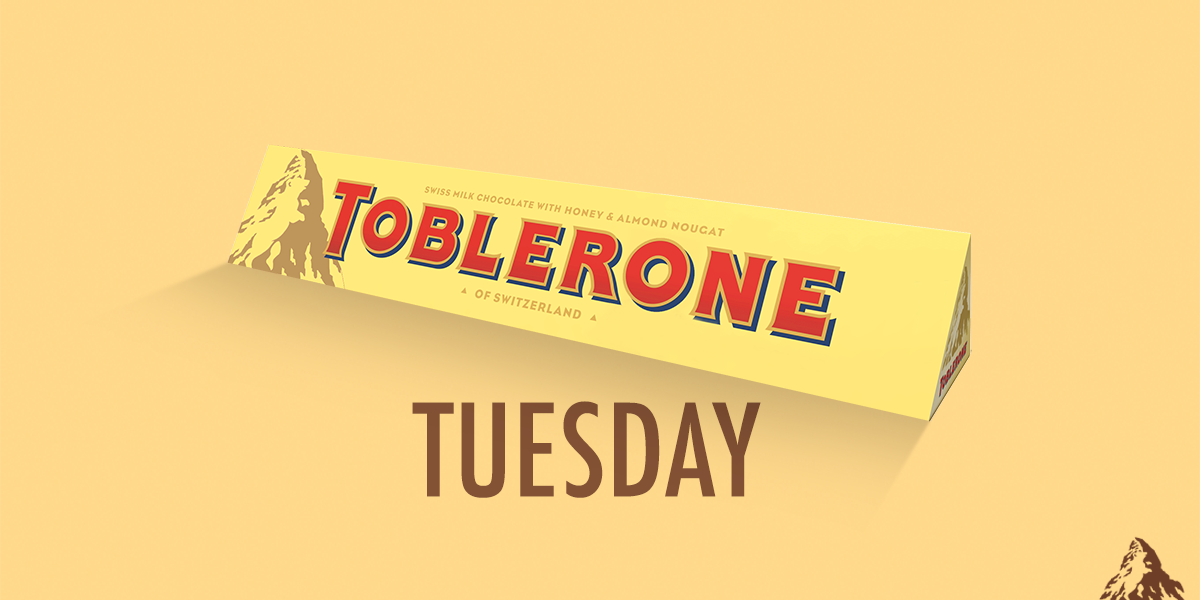 Toblerone's tweet photo. 12pm: Get ready to flex your thumbs! RT &amp; follow to win a 400g Milk Toblerone bar this #TobleroneTuesday http://t.co/Ci0RW1sAvI
