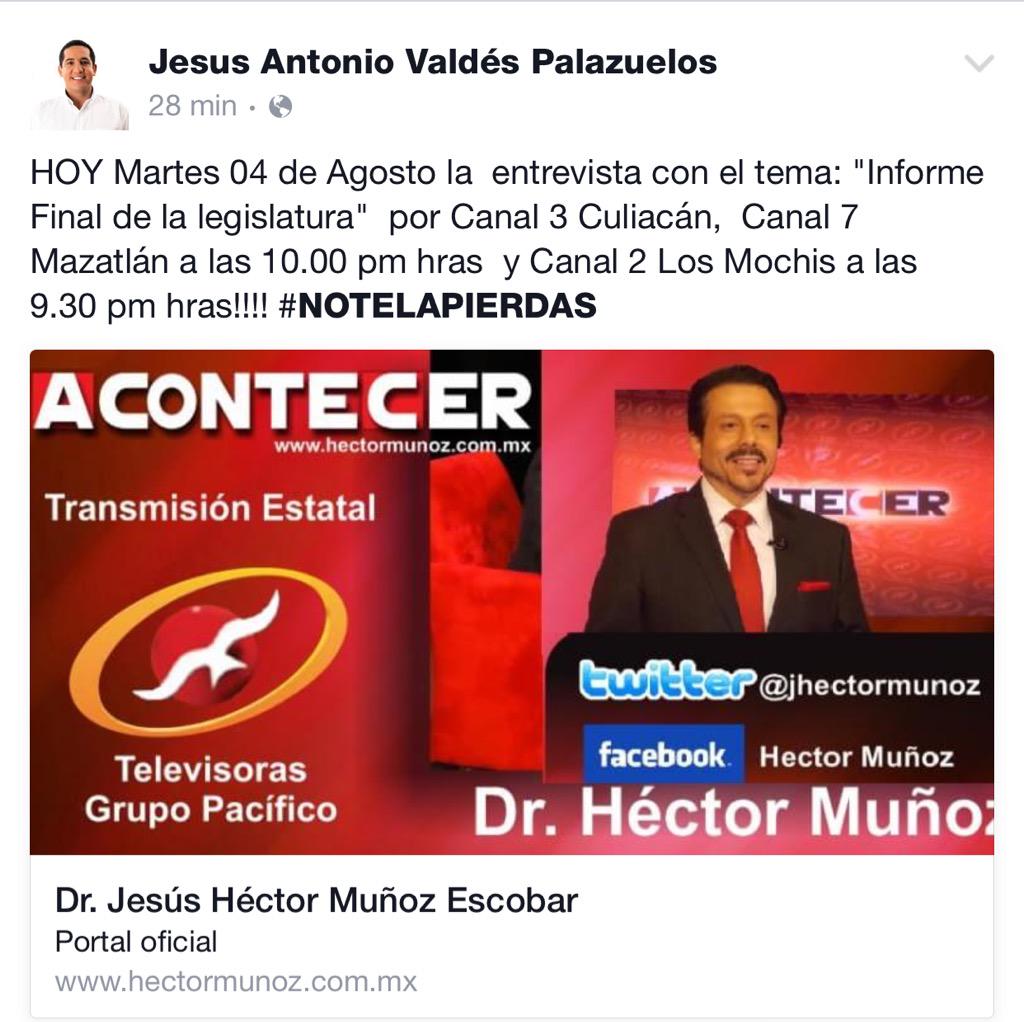 zaudizareth's tweet photo. #NoTeLaPierdas
 
Entrevista a @ChuyValdesP; por @JHectorMunoz; @canal3culiacan 10:00 pm. http://t.co/mPJeAEFK9D