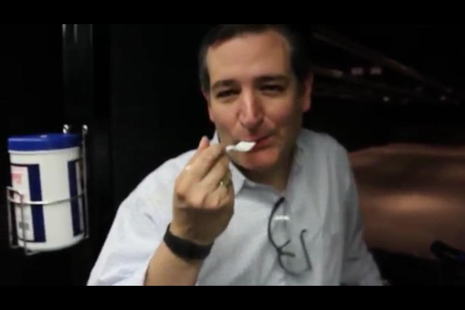 amorphist's tweet photo. Ted Cruz makes shameless appeal to crude America with bacon, then eats it like an upper-crust prude. http://t.co/jwB7NF6YLl