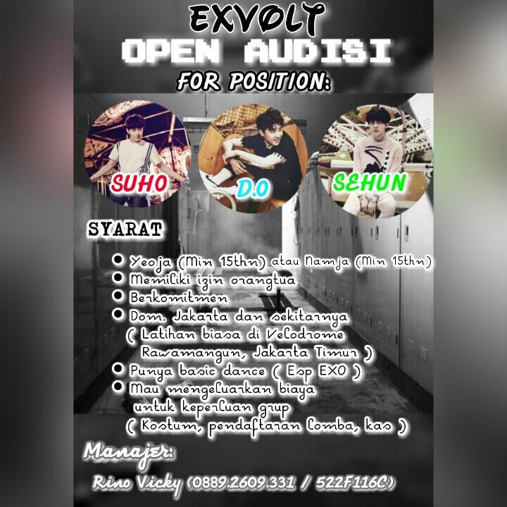 GVolt Open Audisi (@officialgvolt) on Twitter photo @GirlsDean_DF (help rt) EXVOLT open audition for position suho, d.o, sehun. More info check pict^^ @GirlsDean_DF (help rt) EXVOLT open audition for position suho, d.o, sehun. More info check pict^^