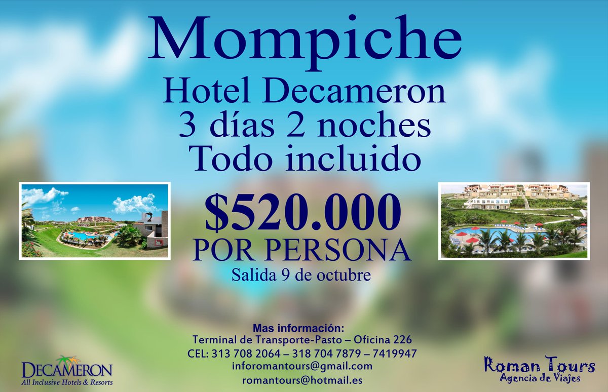 RomanToursPasto's tweet photo. Plan todo incluido a #Mompiche #Decameron Mas info. 032-7419947 #FB https://t.co/bZG3VHvCrI #RomanTours http://t.co/r4oIRcw4qo