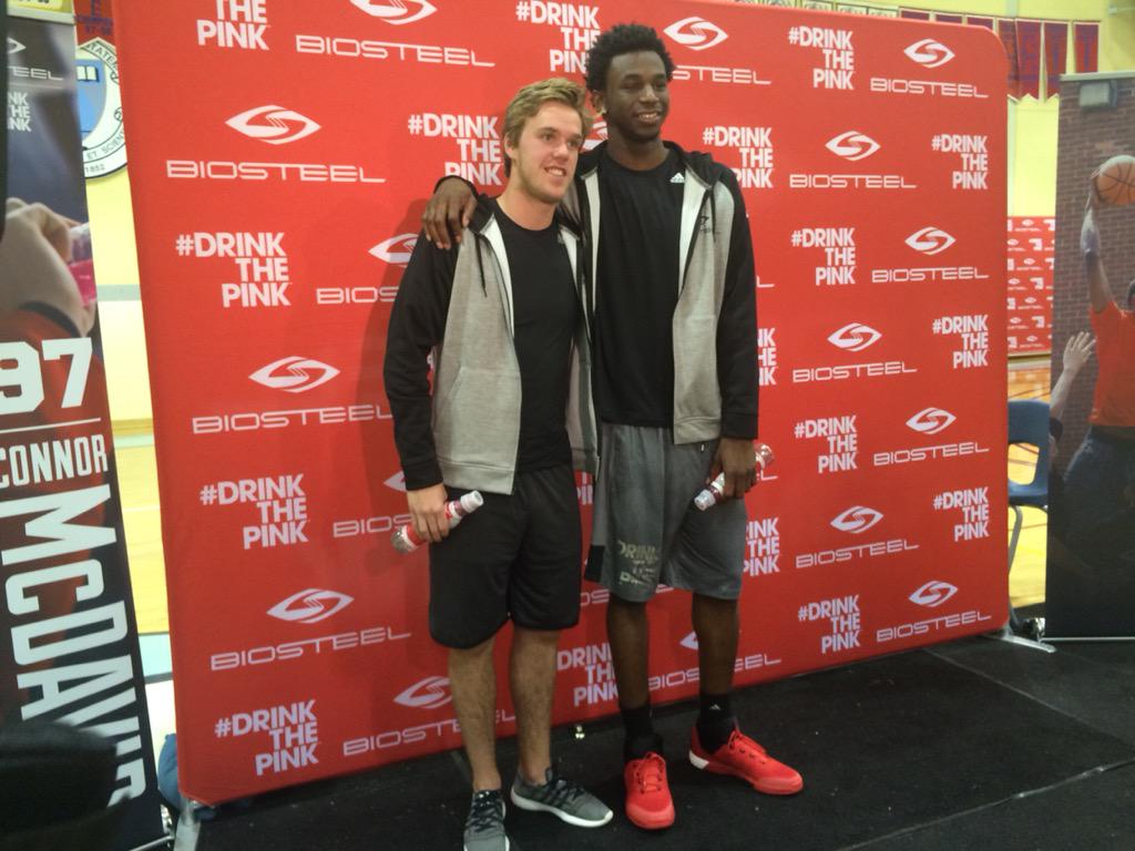 Sportsnet's tweet image. A couple of young Canadian superstars,  @cmcdavid97 and @22wiggins, met this morning for the new #BioSteel campaign.