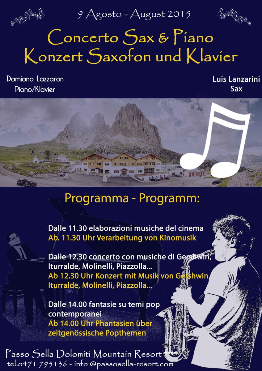 PASSOSELLA's tweet photo. DOMENICA 9 AGOSTO - CONCERTO SAX E PIANO!!! http://t.co/aRD4fYh1FR