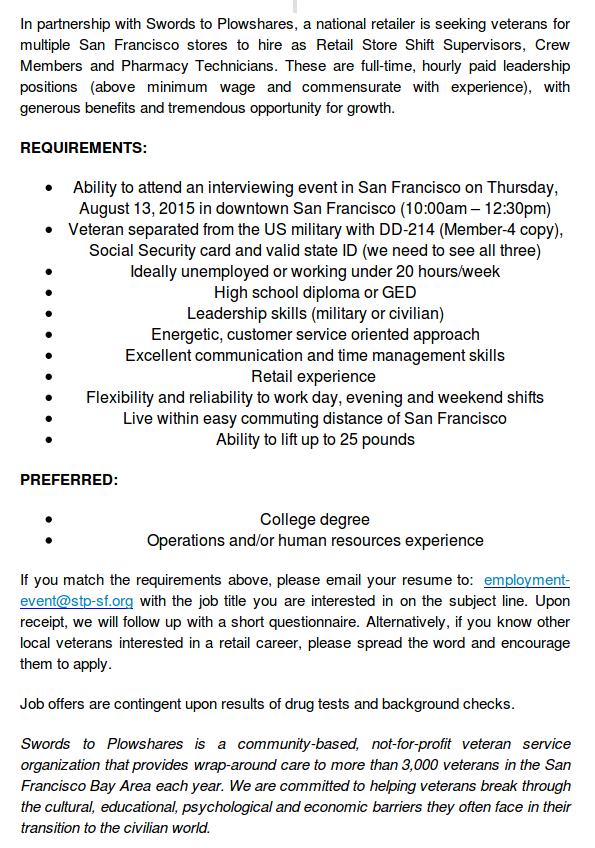 vetsreturnhome's tweet photo. Job offering for #SFBay #veterans contact @vetshelpingvets for more info http://t.co/tNPFfZTmow