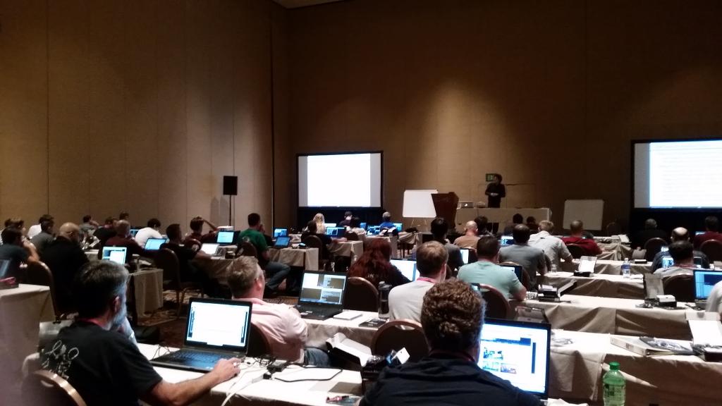 scottjpack's tweet photo. Last day of ta-ing for @meeas at Blackhat. Sniffing i2c busses! http://t.co/OBnn5NqIqL