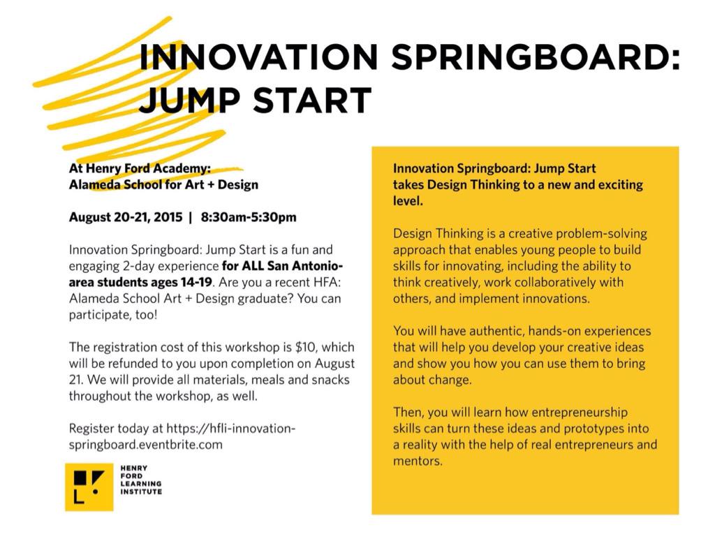 CollegeWeekSA's tweet photo. Register today for @AlamedaSchool's Innovation Springboard Jump Start!#Design #Youth #SATX https://t.co/nuP0qRBA3P http://t.co/I71RYkaOqE